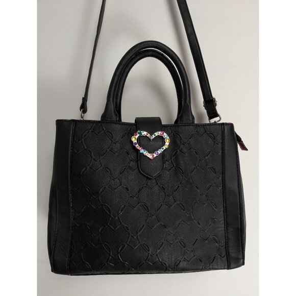 Betsey Johnson Valentine Love! Embossed Black Hearts Shoulder Tote Bag - Picture 1 of 12